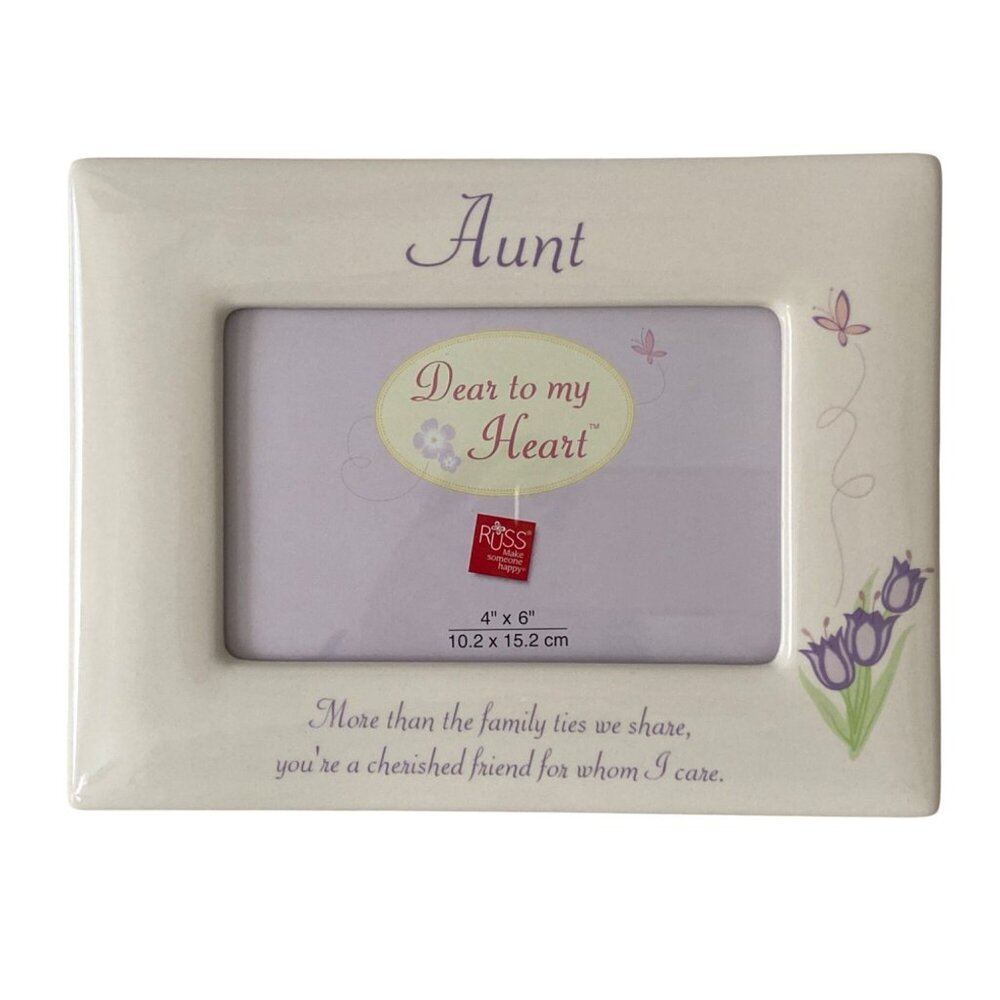 Russ Berrie Aunt Picture Frame 4" X 6" Ceramic Floral Design Beige Purple